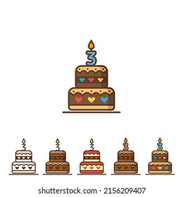 Double-decker birthday cake, colorful icon with candle number 3 (three). Vector illustration.