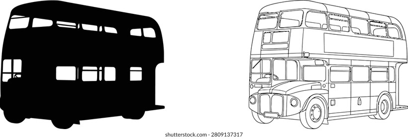 Double-Decker Bus, Black Silhouette and Outline Drawing, for Public Transportation and City Travel Designs