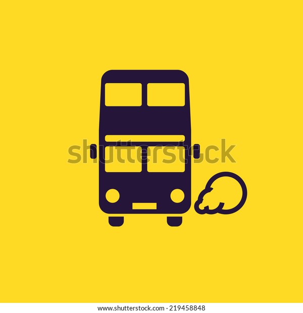 Double-decker bus icon. London classic
passenger bus pictogram on yellow background. Round headlights,
exhaust smoke. For tourist maps, transport schemes, travel
applications and
infographics.