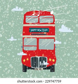 Double-decker bus on background of the flag and clouds. Vector illustration.