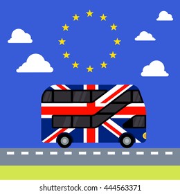 Double-decker bus painted in the United Kingdom flag colors flat color illustration. UK leaves the tunnel painted in the colors of the European Union flag with stars