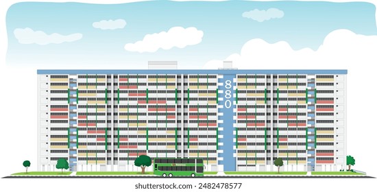 A double-decker bus passes by Singapore's public flat housing, showcasing the bustling life and modern architecture that define the city's residential areas.