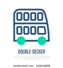 Double-decker bus thin line icon, side view. Logo for public transport. Vector illustration.