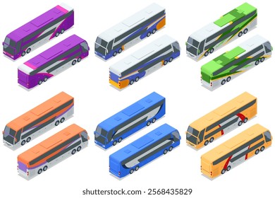 Double-decker buses in multiple colors. Isometric vector illustration of colorful double-decker buses. Designed for transport concepts, tourism, and modern public transit systems.