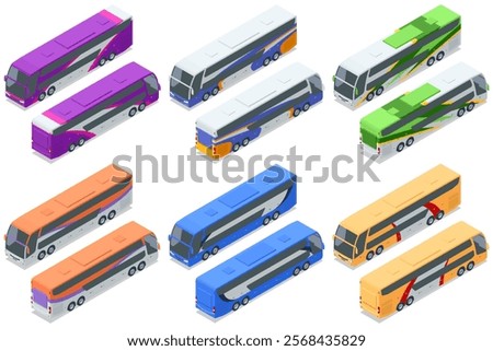 Double-decker buses in multiple colors. Isometric vector illustration of colorful double-decker buses. Designed for transport concepts, tourism, and modern public transit systems.