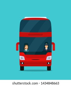 Double-decker excursion bus isolated. Bus with front view. Vector flat style illustration.