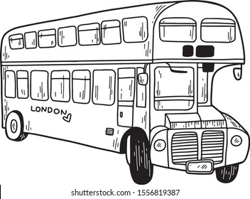 Double-decker London bus. Vector illustration, hand drawn sketch, line art, isolated on white background. England symbol.