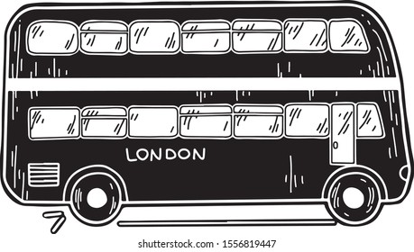 Double-decker London bus. Vector illustration, hand drawn sketch, line art, isolated on white background. England symbol.