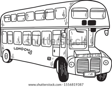 Double-decker London bus. Vector illustration, hand drawn sketch, line art, isolated on white background. England symbol.