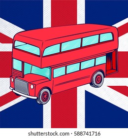 Double-decker red bus on background of UK flag