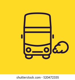 Double-decker tourist bus icon. London classic passenger bus pictogram on yellow background. Round headlights, exhaust smoke. For maps, transport schemes, travel applications and infographics.