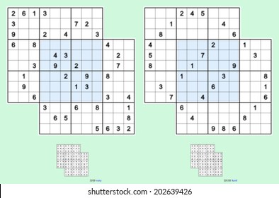 Double-doku, symmetrical. Two overlapping sudoku puzzles. Vector set. Easy and hard. 42, 32 clues.