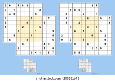 Double-doku, symmetrical. Two overlapping sudoku puzzles. Vector set. Easy and hard. 40, 36 clues.