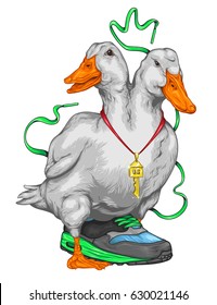 Double-headed duck with sneaker. Vector illustration