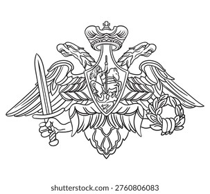 A double-headed eagle with a sword and a wreath in his legs, Russian symbol. Hand drawing isolated monochrome vector illustration for decoration, cards, labels, stickers and wedding celebration