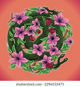 a double-headed snake with beautiful green scales blending with red and pink flowers. Snakes are a group of legless and long-bodied reptiles that are widespread in the world.
