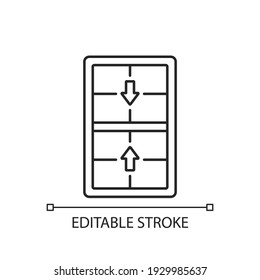 Double-hung windows linear icon. Two operating sash moving up, down. Vertical-sliding window. Thin line customizable illustration. Contour symbol. Vector isolated outline drawing. Editable stroke