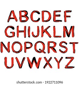 Double-layered brush strokes font.Hand drawn vector alphabet isolated on white background.