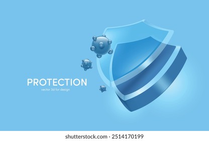 Double-layered glass shield protects and protects against viruses or germs and dirt, 3d vector on blue background for advertising design for disinfectant or prophylactic medicinal products.