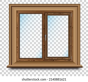 A double-leaf brown wooden window on a transparent background. Vector illustration