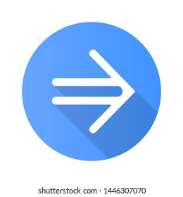 Double-lined arrow flat design long shadow glyph icon. Indicating sign, pointer button. Forward indicator. Arrowhead pointing right. Navigation arrow. Motion cursor. Vector silhouette illustration