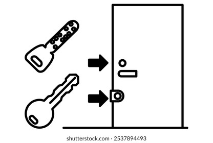 Porta frontal com dois fechos, Prevenção contra crimes e Segurança doméstica Ícones em preto e branco, Ilustração de vetor