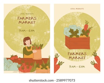 Double-panel farmers market artistic vector poster with illustrated vendor and decorative vegetable pattern background. Features market hours, local products text, and hand-drawn produce elements.