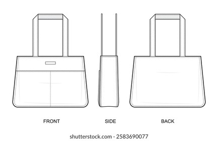 Double-Pocket Tote Bag Technical Fashion Illustration. Handbag Vector Template. Front, Side, and Back View. Structured Design. Reinforced Handles. Spacious Carryall. CAD Mockup set.