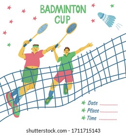 Doubles badminton game. Men jump and swing their rackets to beat off a shuttlecock. Great sport poster with a net. Vector illustration and lettering isolated on white. Red, green, blue colors.