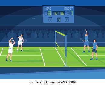 Doubles badminton tournament with four men playing on court with silhouette of spectators on background flat vector illustration