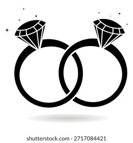 Conjunto de anillo de diamantes de boda doble. Icono aislado del anillo de compromiso. Regalo de compromiso con diseño de joyas silueta de Vector negro. Ilustración vectorial de elementos simple.