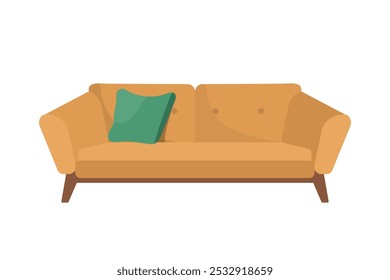 Double-seat sofa in flat vector style with a green pillow on one side, clean lines and minimal design
