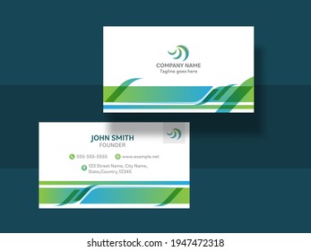 Double-Side Business Card Template Layout On Teal Blue Background.