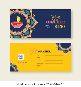 Double-Side Of Diwali Festival Gift Voucher Banner Design With Lit Oil Lamp (Diya) In Blue And Yellow Color.