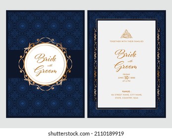 Double-Side Of Islamic Wedding Invitation Card With Arabic Pattern In Blue And White Color.