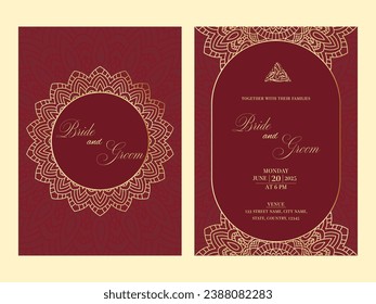 Double-Side Of Islamic Wedding Invitation Card With Arabic Pattern in Red and Golden Color.