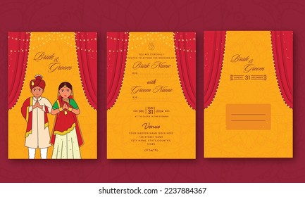 Double-Side Of Wedding Invitation Card With Indian Couple Greeting Namaste And Envelope Illustration In Orange Color.