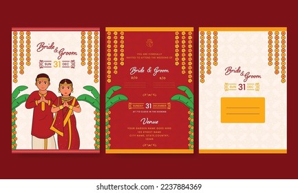 Double-Side Of Wedding Invitation Card With Maharashtrian Couple In Traditional Attire, Envelope Illustration In White And Red Color.