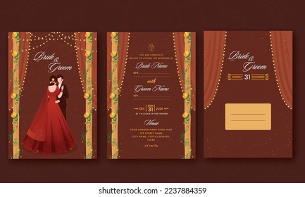 Double-Side Of Wedding Invitation Card Template With Envelope Illustration In Brown Color.