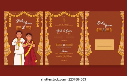 Double-Side Of Wedding Invitation Card Templates With Indian Couple Character And Envelope Illustration In Brown Color.