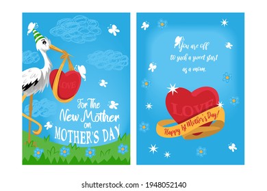 Double-sided A6 Or A5 Postcard Template For A New Mother On Mother's Day. Stork In A Birthday Cap Holds A Heart In A Beak, Standing In A Flower Meadow. Front And Back Side Of Greeting Card With Wishes