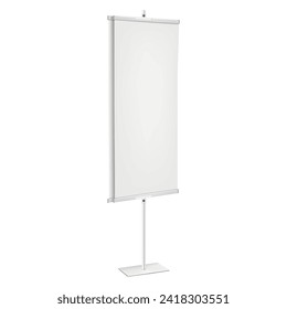 Double-sided banner stand realistic vector mock-up. Vertical floor promotional display standee mockup. Blank white trade show poster holder template