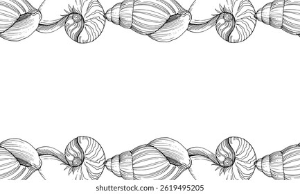 Double-sided border made of shells. Vector graphic style in ink. Marine theme for posters, aquariums, prints, cards, fabric, decoration of restaurants.