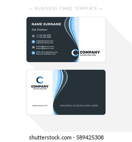 Double-sided Business Card Template with Abstract Blue and Black Waves Background. Vector Illustration. Stationery Design