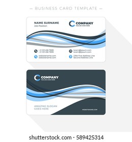 Double-sided Business Card Template with Abstract Blue and Black Waves Background. Vector Illustration. Stationery Design