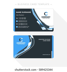 Double-sided Business Card Template with Abstract Blue and Black Waves Background. Vector Illustration. Stationery Design