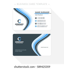 Double-sided Business Card Template with Abstract Blue and Black Waves Background. Vector Illustration. Stationery Design