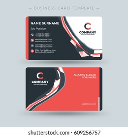 Double-sided Business Card Template with Abstract Red and Black Waves Background. Vector Illustration. Stationery Design