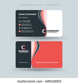 Double-sided Business Card Template with Abstract Red and Black Waves Background. Vector Illustration. Stationery Design