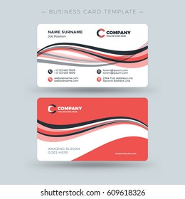 Double-sided Business Card Template with Abstract Red and Black Waves Background. Vector Illustration. Stationery Design